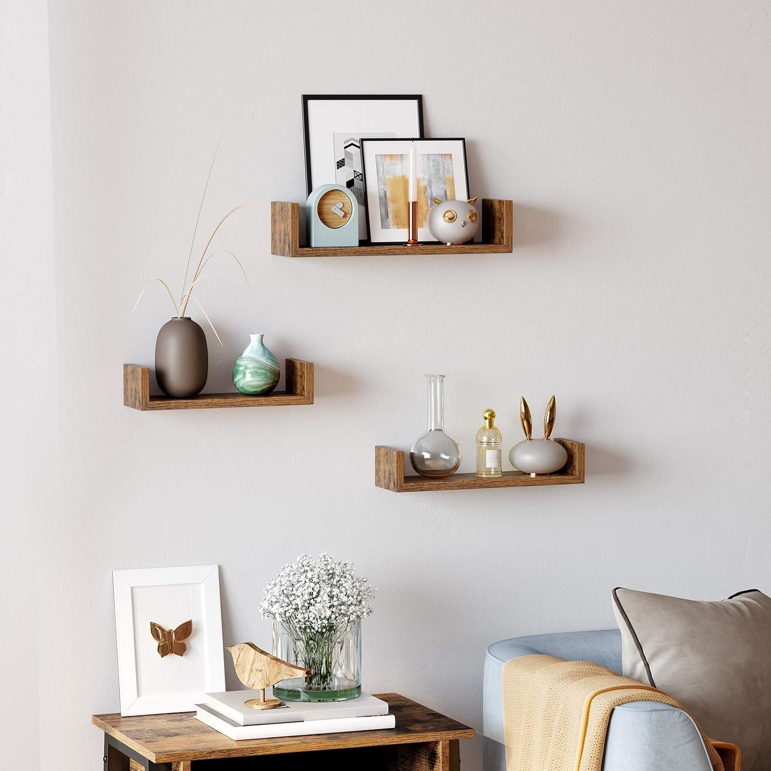 Rustic U-Shaped Floating Wall Shelves Set of 3 – Storage Display Rack