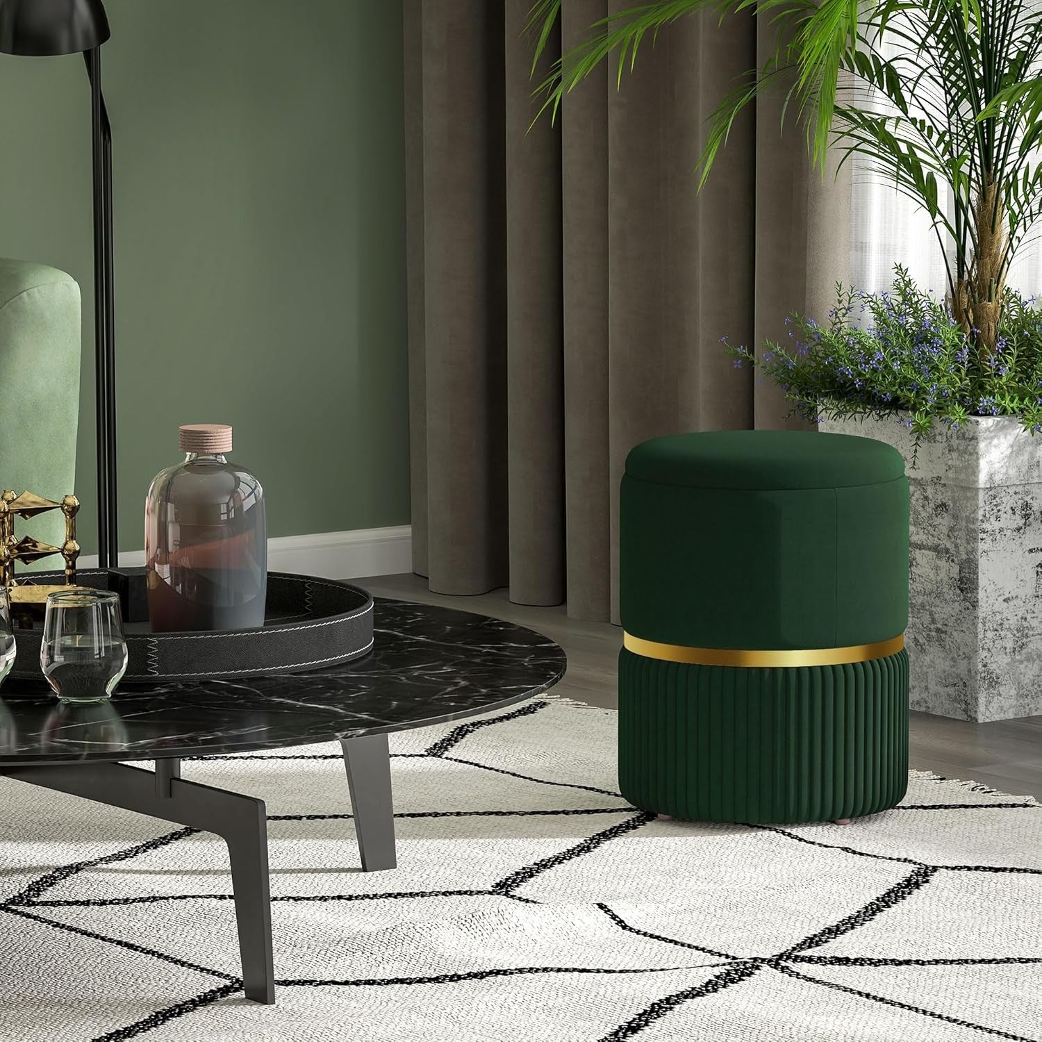 Dark Green Velvet Round Storage Stool – Padded Ottoman with Hidden Space