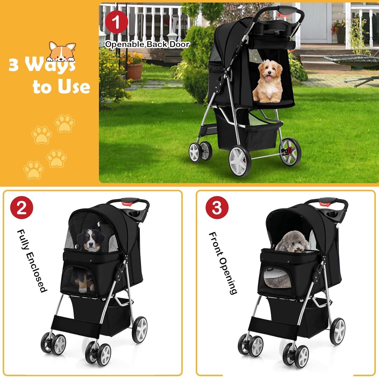 Pet Stroller Foldable Dog Cat Pushchair 4 Wheels Small Medium 15kg