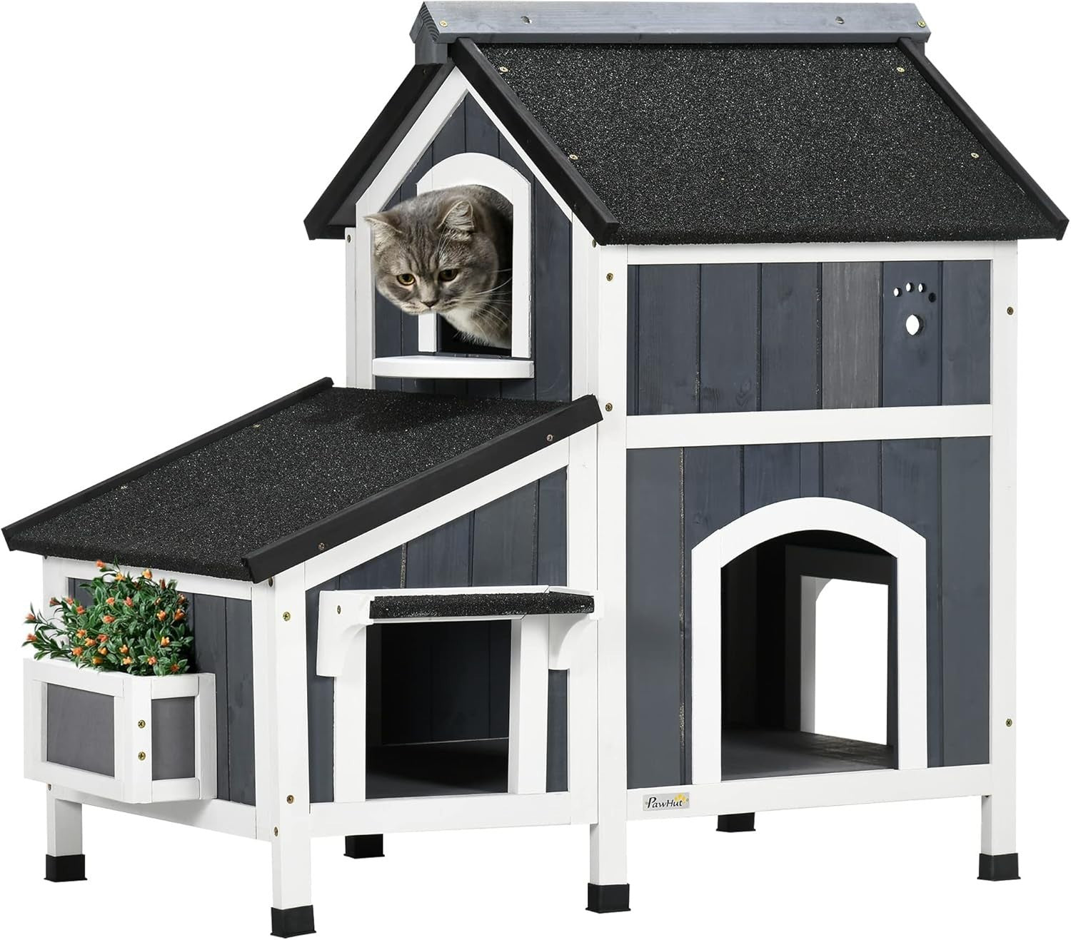 Large Wooden Outdoor Cat House with Flower Pot, Water-Resistant Roof & Multiple