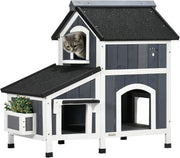 Large Wooden Outdoor Cat House with Flower Pot, Water-Resistant Roof & Multiple