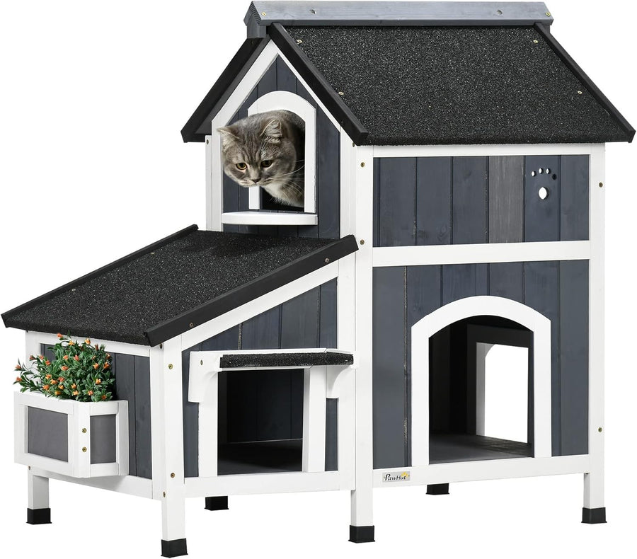 Large Wooden Outdoor Cat House with Flower Pot, Water-Resistant Roof & Multiple