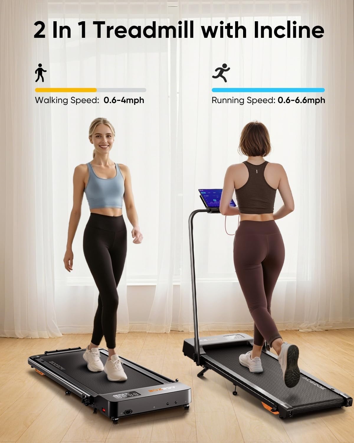 Foldable Home Treadmill 2-in-1 Walking Running Pad 10% Incline LED App Remote
