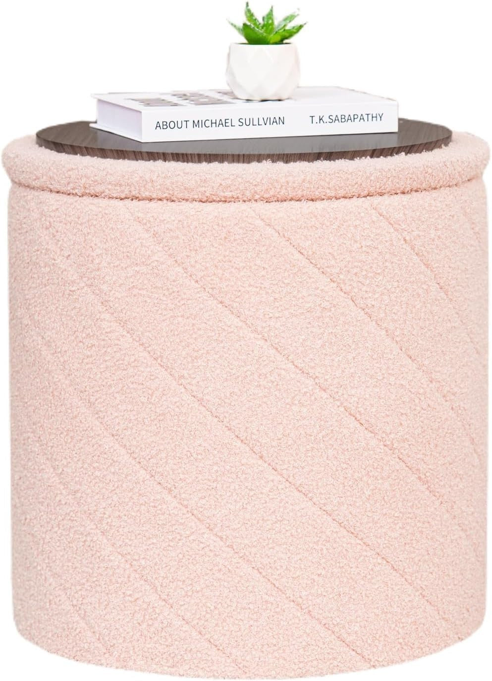 Pink Round Storage Ottoman Footstool 3-in-1 Seat with Lid 43x43x45cm