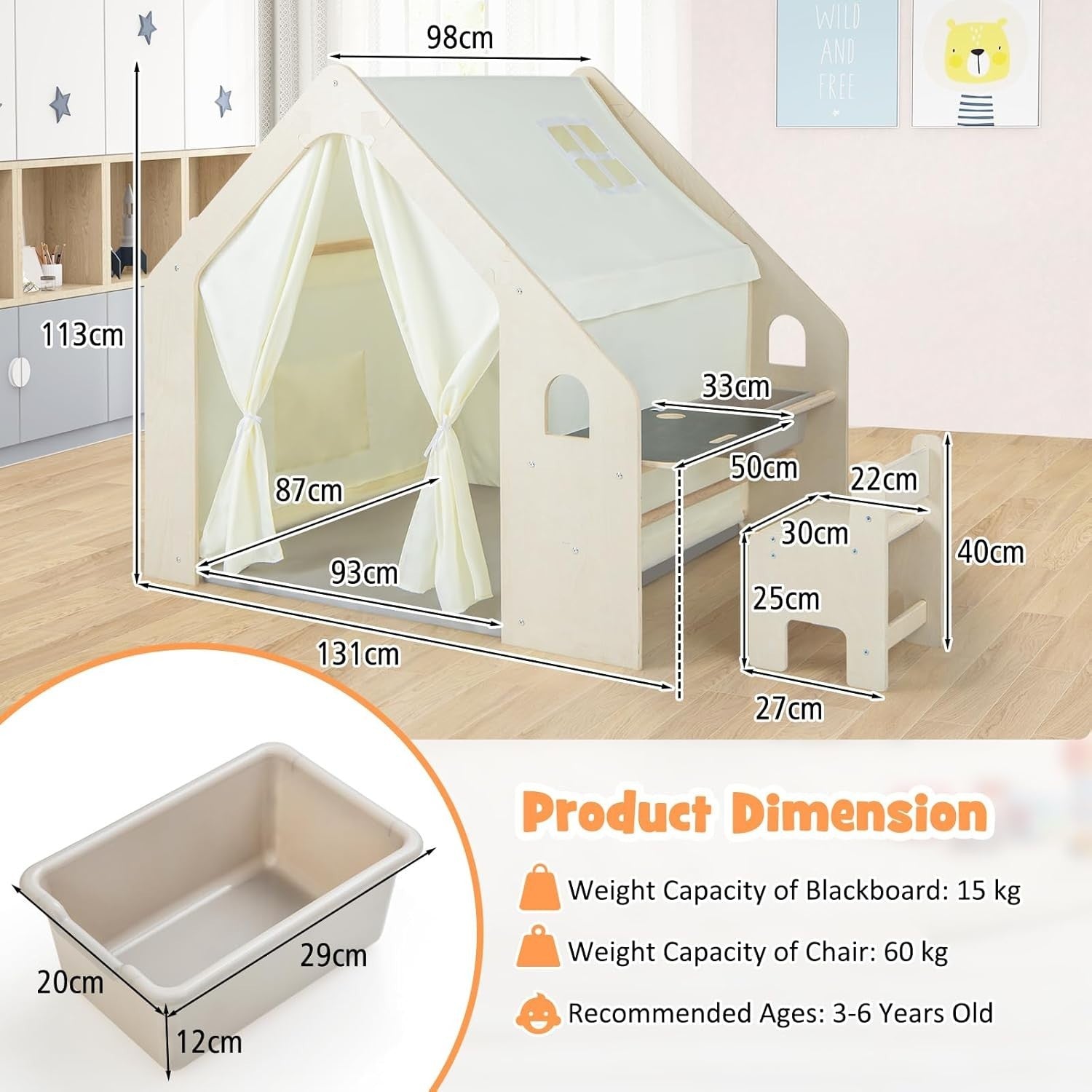 Kids Wooden Playhouse Tent with Table Chair Set Storage Bin & Blackboard