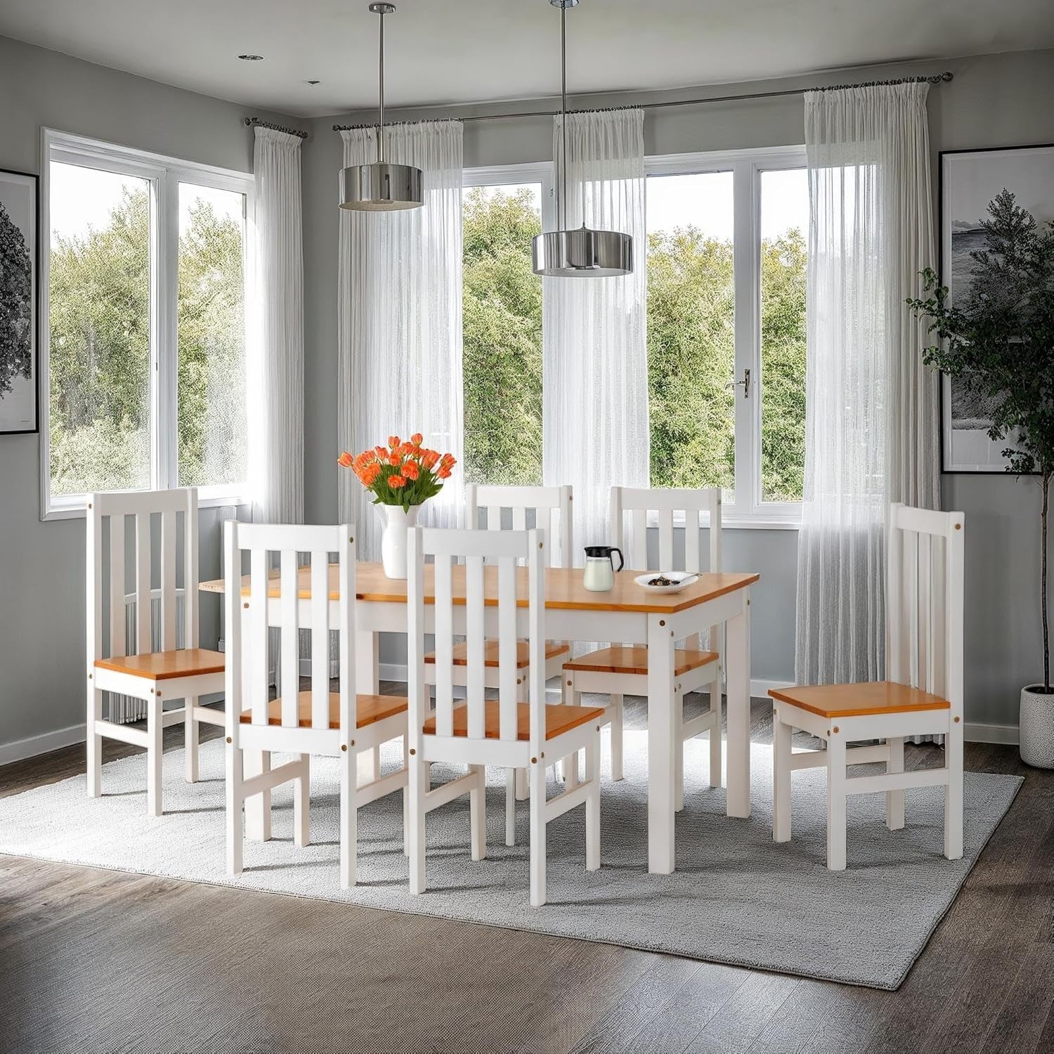 7-Piece Dining Set with 6 Chairs & Bench, White & Oak, Modern Kitchen Table