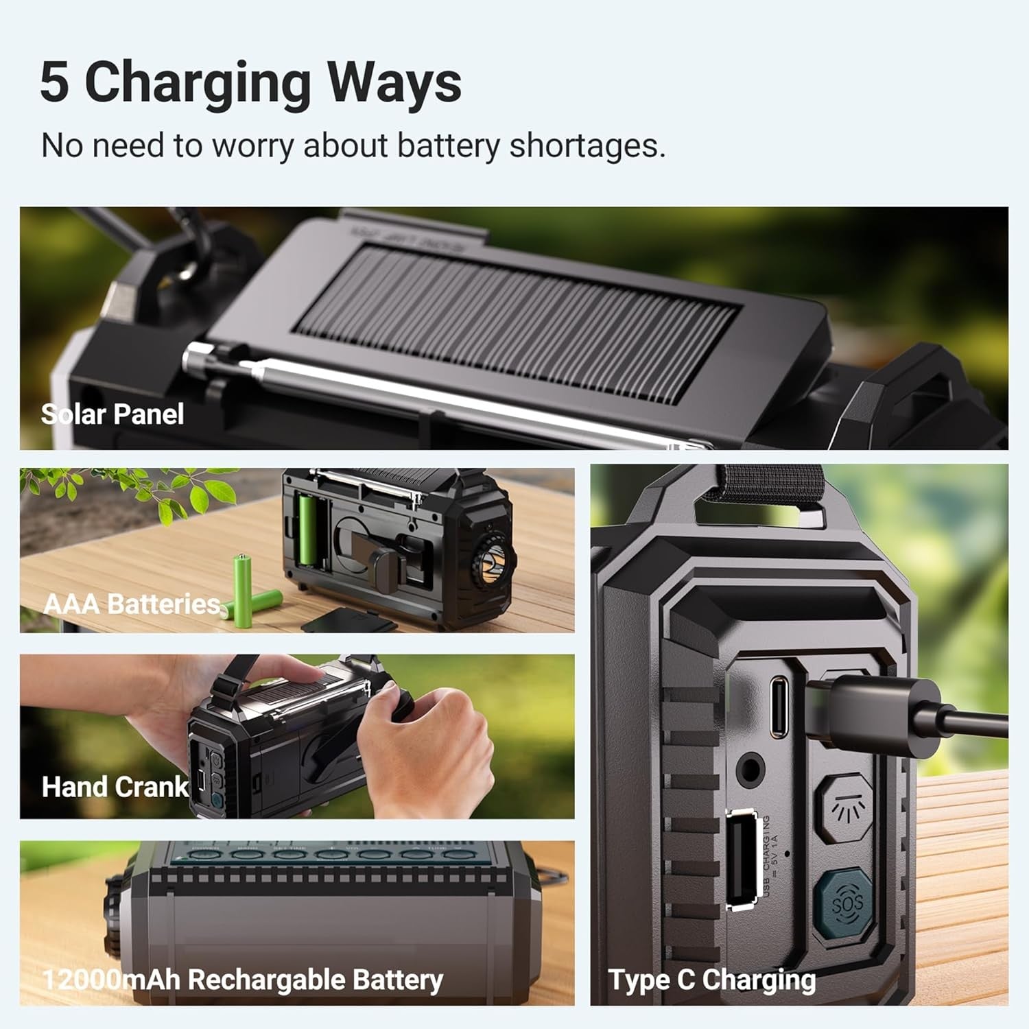 12000mAh Emergency Radio Solar Hand Crank AM FM USB Phone Charger SOS