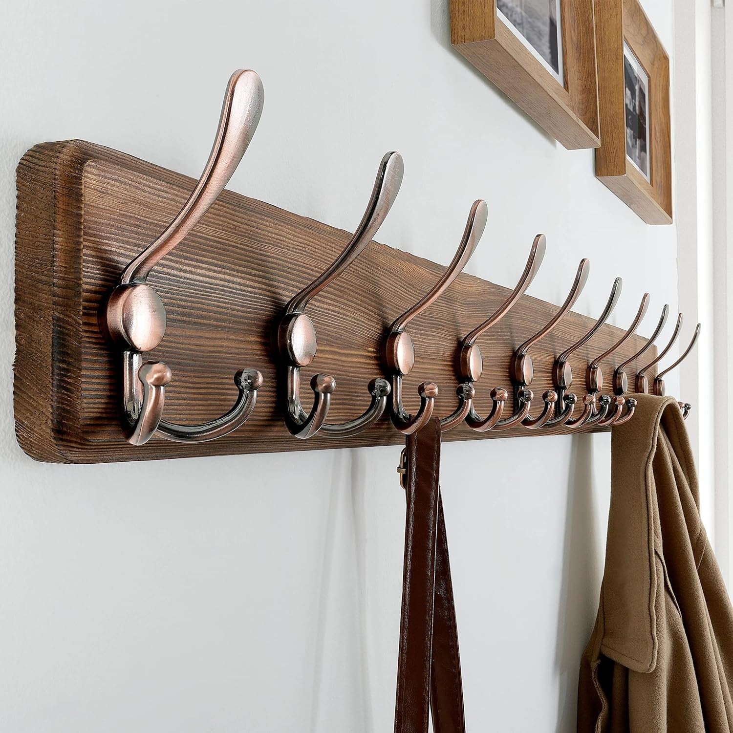 Set of 2 Brown Wooden Wall Coat Racks | Heavy Duty 10 Hook Rustic Farmhouse Orga