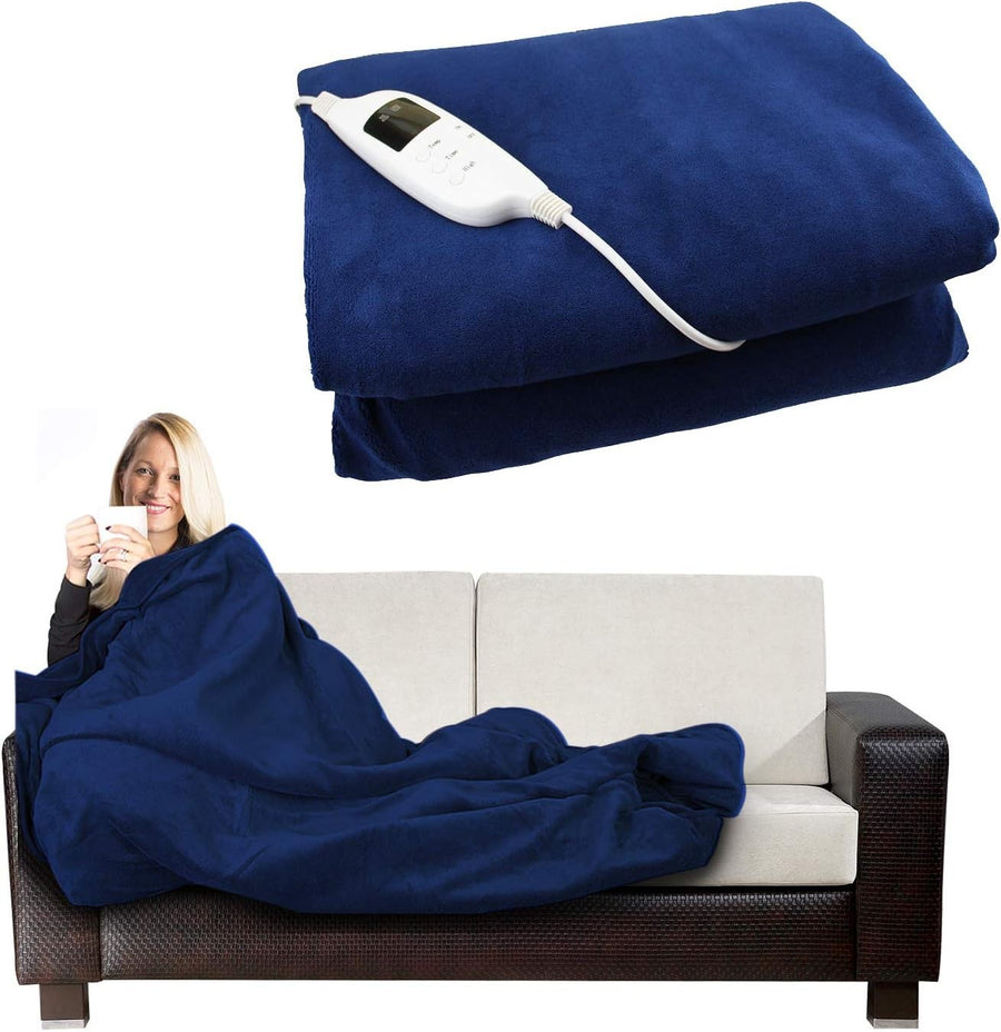 Electric Heated Throw Blanket Fleece Navy Sofa Bed Washable Warm Throw