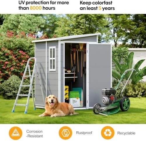 Plastic Garden Storage Shed 4.6x4ft Waterproof Outdoor Tool Shed with Floor Grey