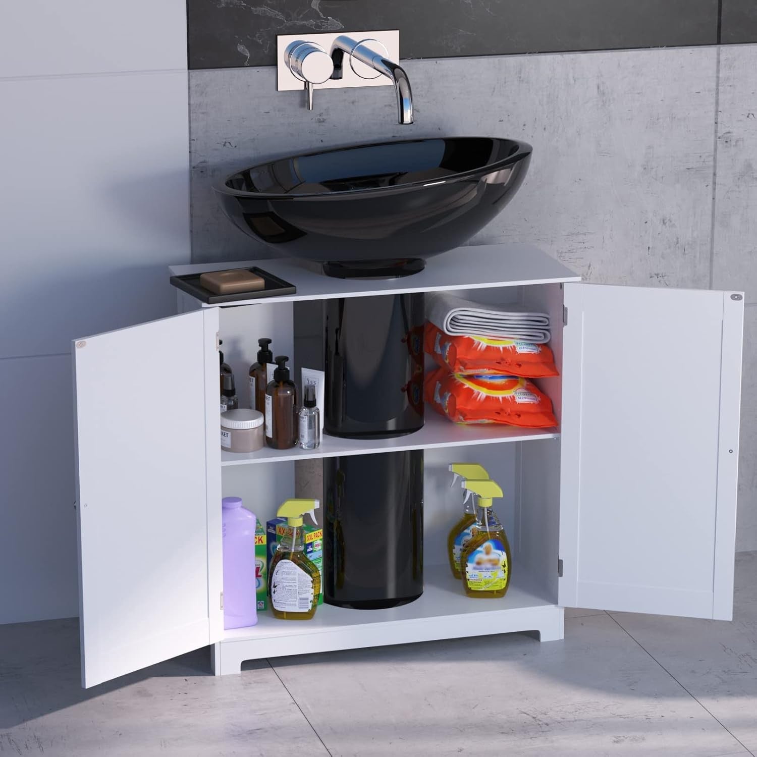 White Under Sink Bathroom Cabinet 60x30x60cm Waterproof Storage Cupboard
