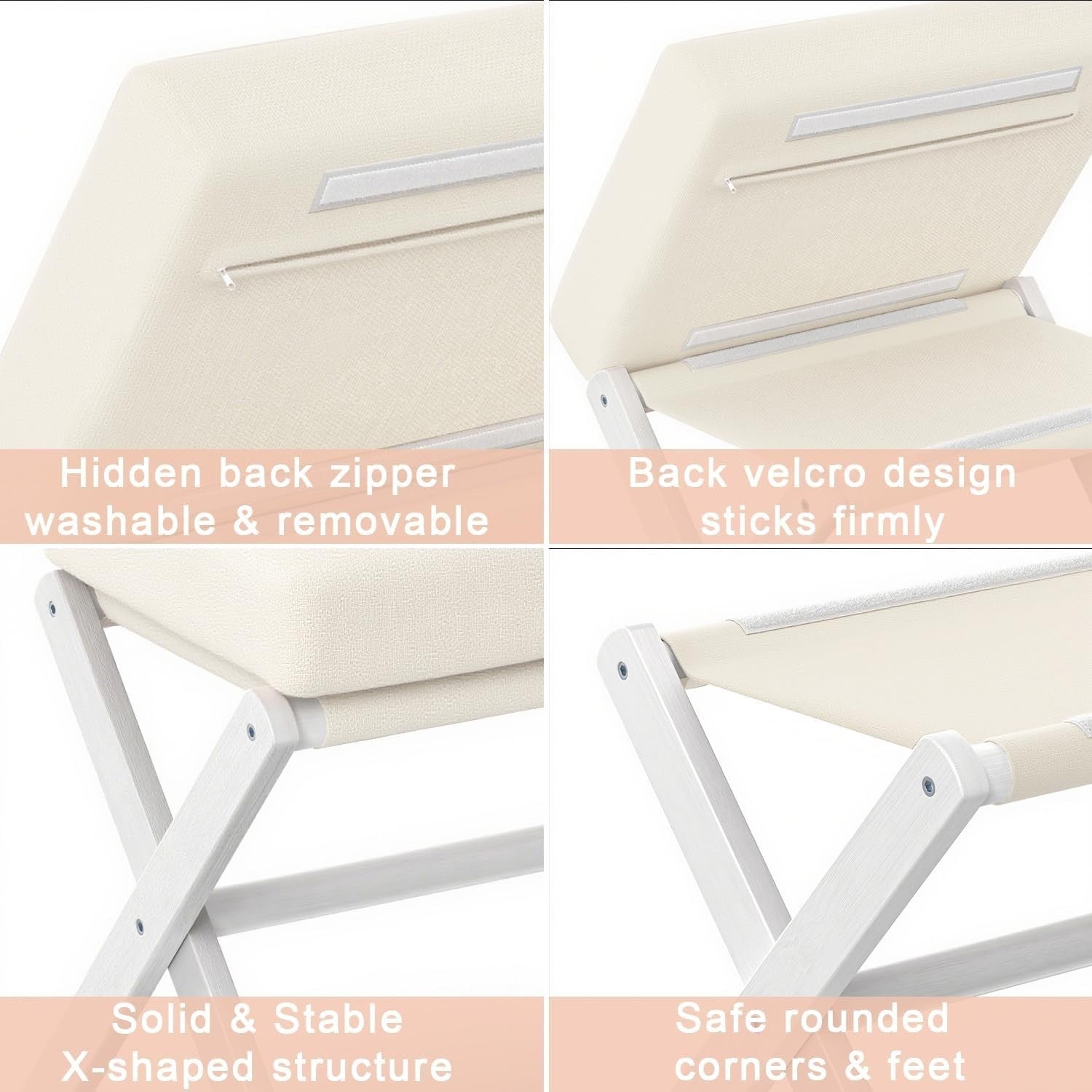 White Bamboo Foldable Footstool with Thick Cushion & X-Leg Design