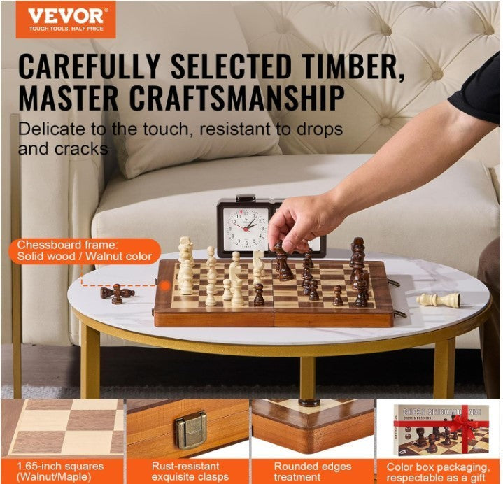 15" Magnetic Wooden Chess Set Folding Board 2-in-1 Chess & Checkers Game