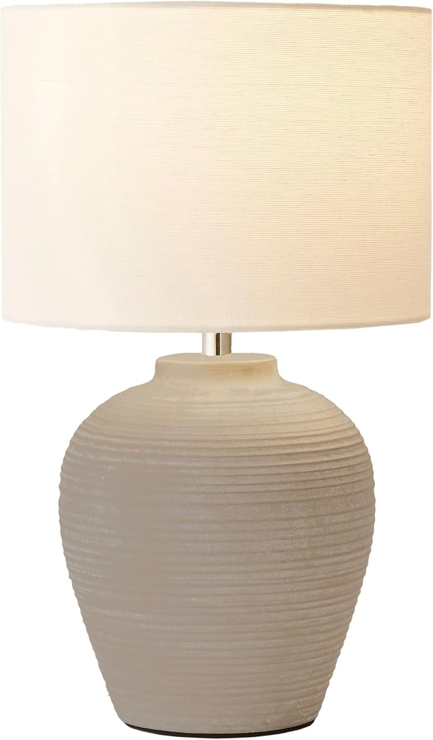 Stone Grey Ribbed Ceramic Table Lamp Large Linen Drum Shade 54cm