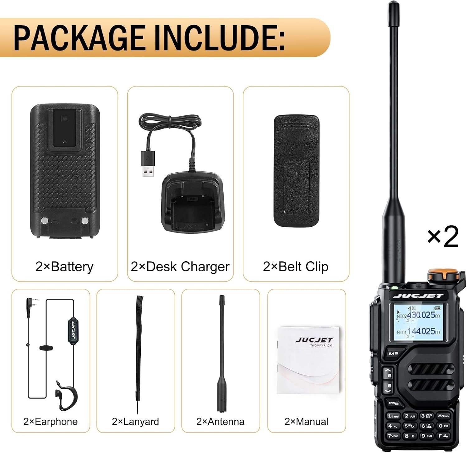 Dual Band Walkie Talkies 2 Pack VHF UHF 200CH Long Range LED Light