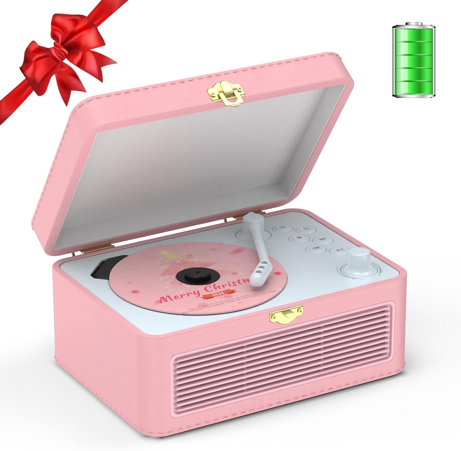 Retro Bluetooth CD Player FM Radio USB AUX HiFi Speakers Pink PU