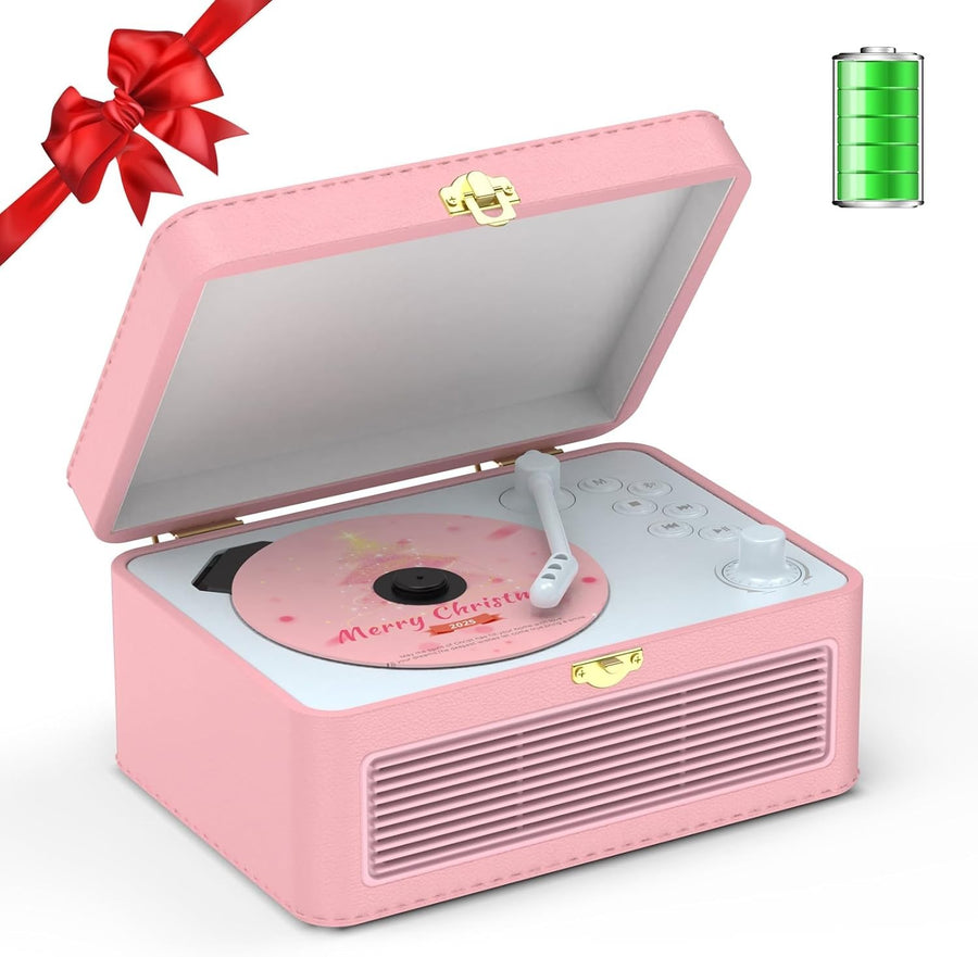 Retro Bluetooth CD Player FM Radio USB AUX HiFi Speakers Pink PU