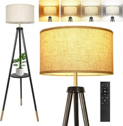 Adjustable Wooden Tripod Floor Lamp with Remote, Timer & Storage Shelf