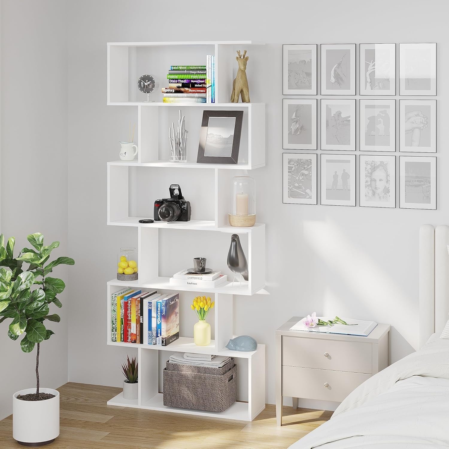 White S Shape 6 Tier Bookcase Modern Display Shelf Free Standing Storage Unit