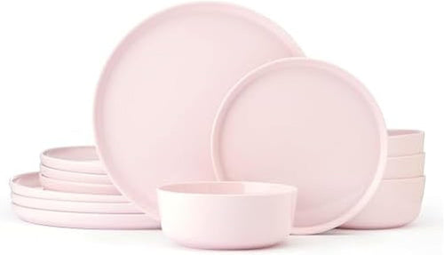 12pc Bone China Dinnerware Set Pink Lightweight Plates Bowls Service for 4