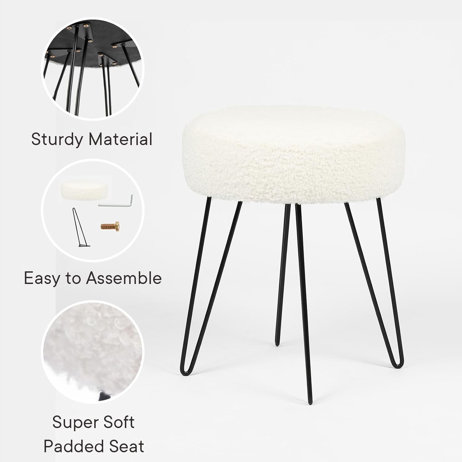 White Teddy Bouclé Round Stool Modern Padded Footrest Hairpin Leg Seat
