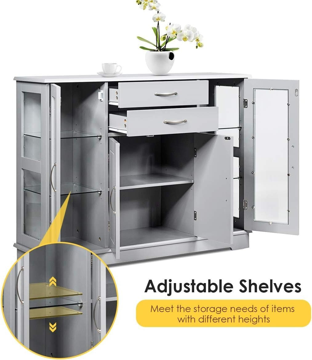 Grey Sideboard Cabinet Glass Doors Storage Drawers Buffet Unit Kitchen