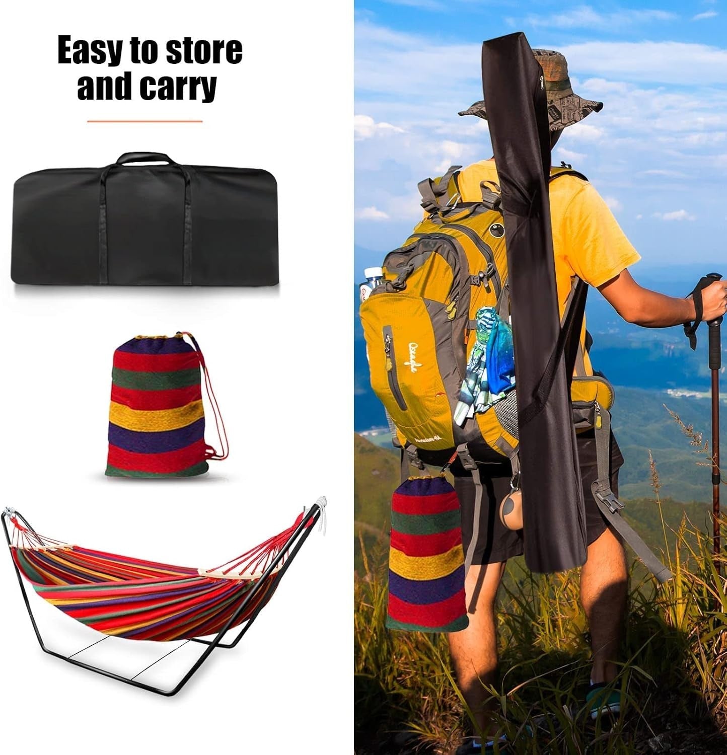 Double Cotton Hammock with Stand, Adjustable, Portable, Easy Set-Up, 200kg Capac