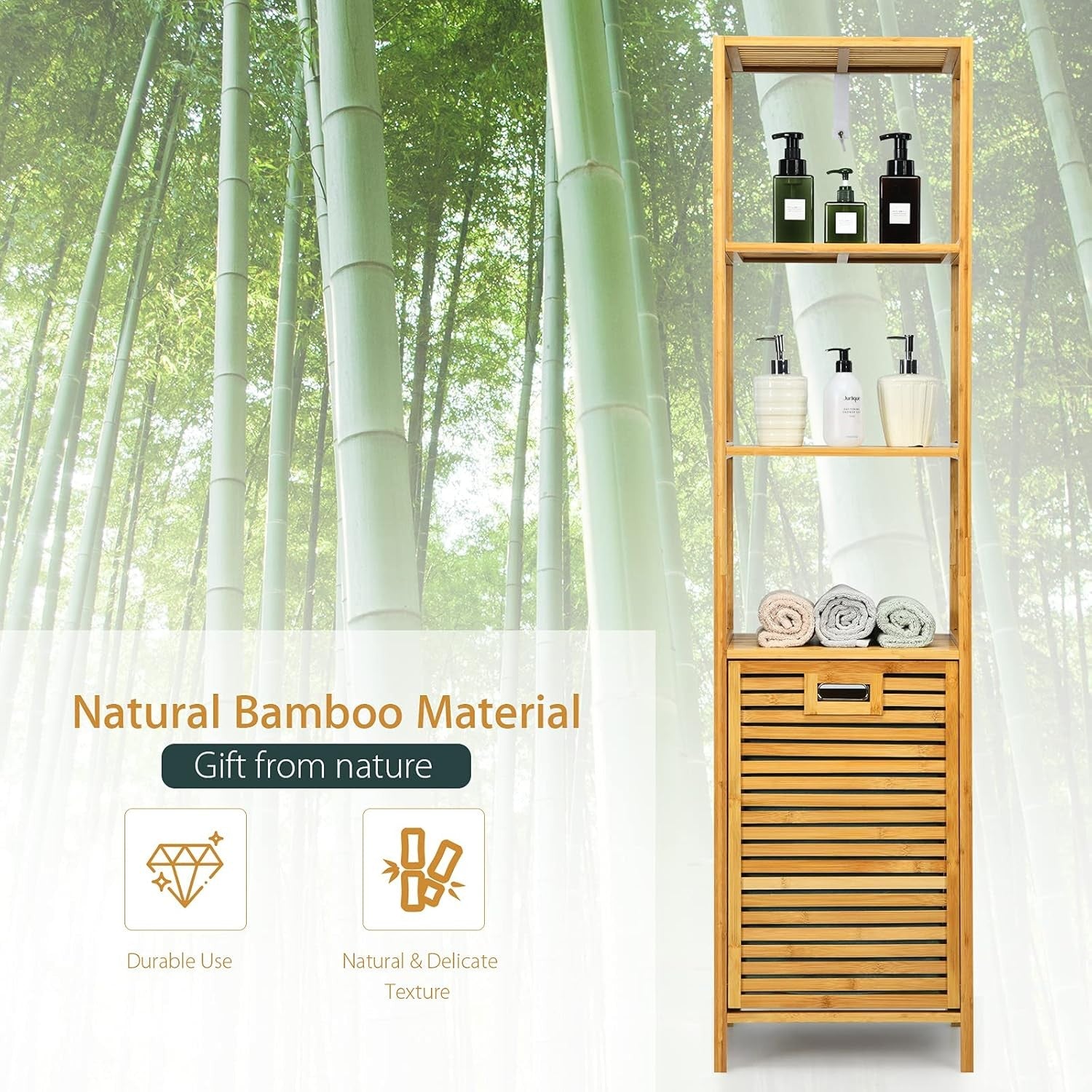 Tall Bamboo Laundry Hamper with 3 Shelves & Tilt-Out Basket | 40×33×160cm
