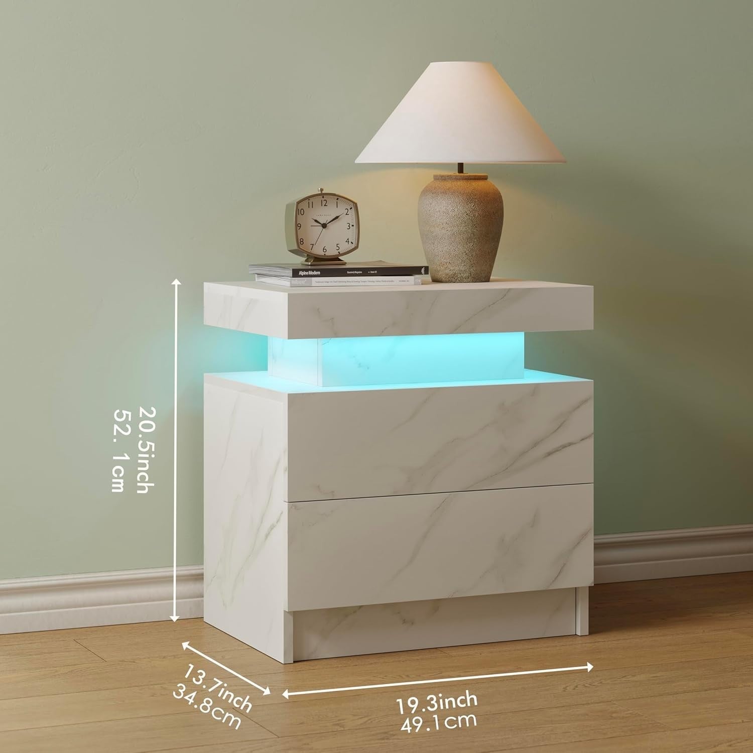 Modern Marble White LED Bedside Table with Drawers – RGB Light Nightstand