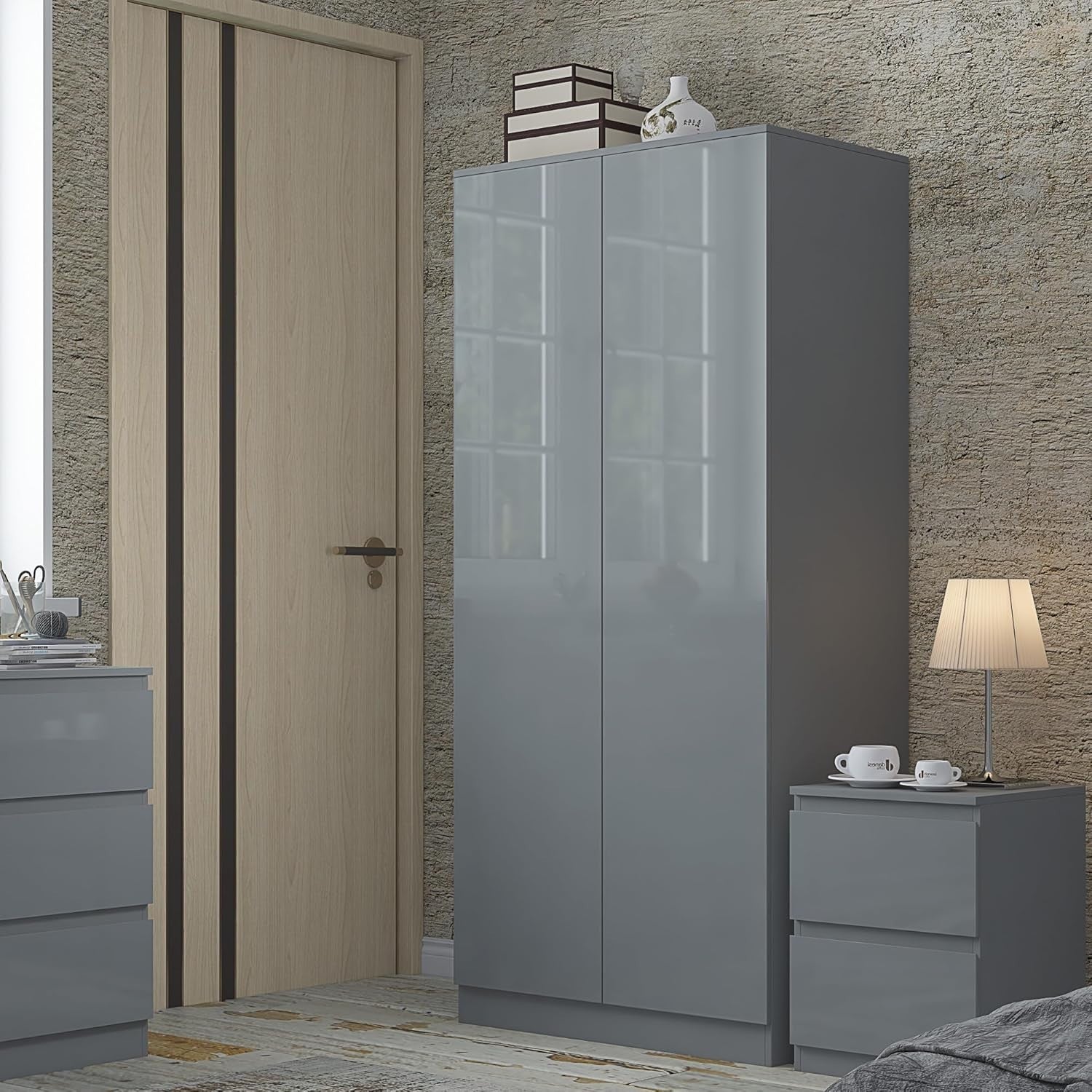 Modern 2 Door Bedroom Wardrobe Grey Gloss Storage Clothes Organizer H180xW80cm