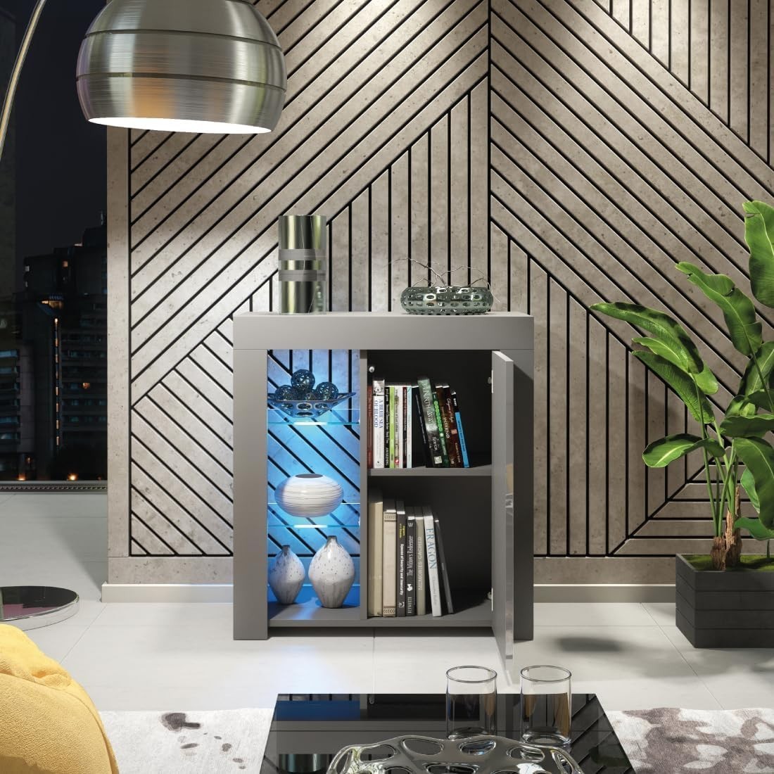 Modern Grey LED Sideboard Cabinet Gloss Door Storage Unit Floor Mount 83cm