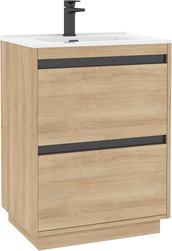 600mm Oak Floor Standing Vanity Unit with Basin Sink 2 Drawer Bathroom Cabinet