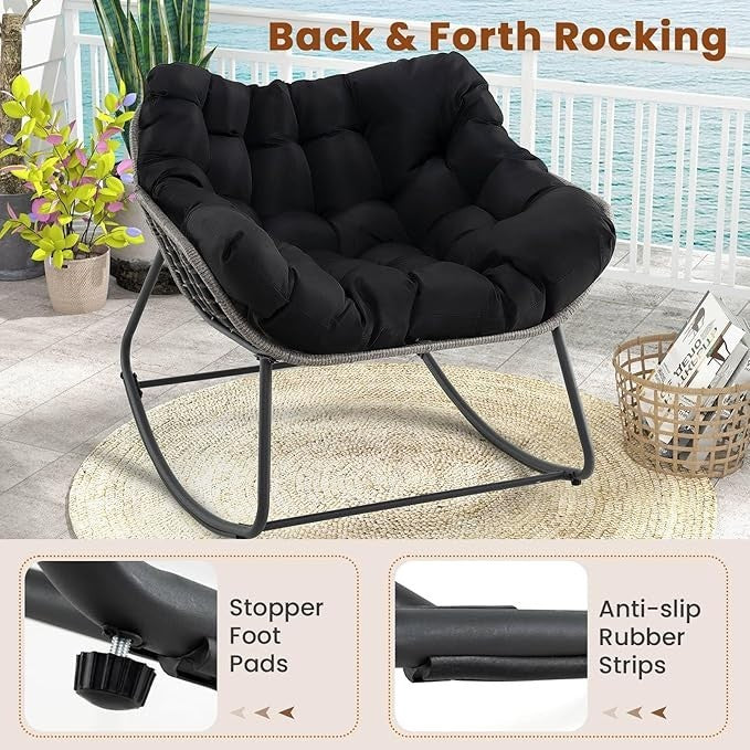 Luxury Rattan Rocking Chair – Thick Cushion, 150kg, Indoor Outdoor Use