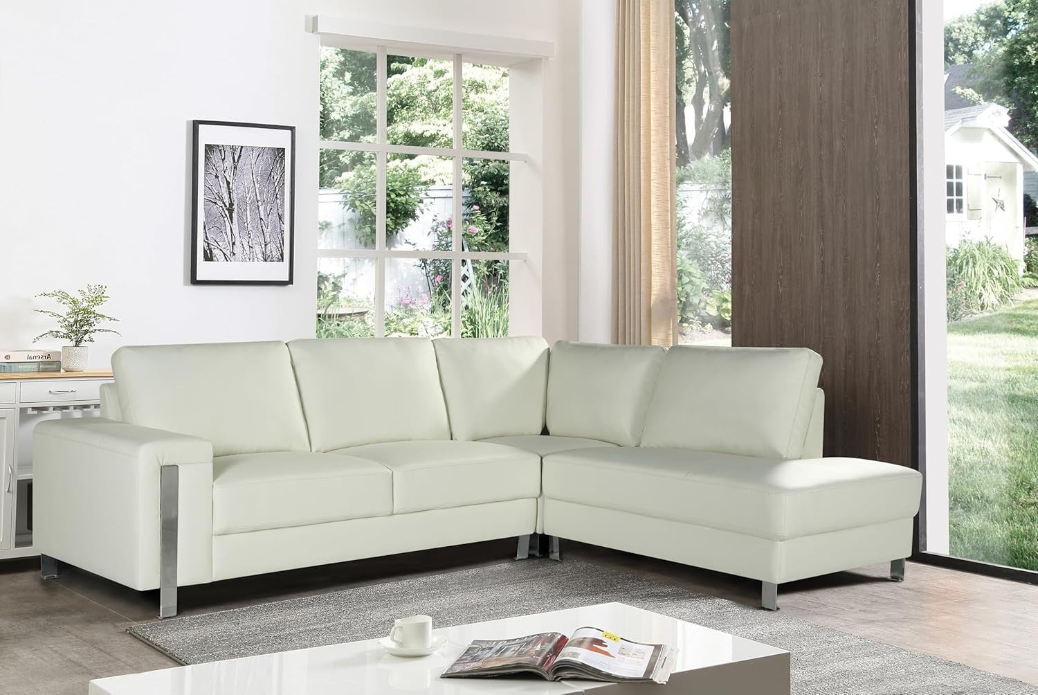White Faux Leather 5-Seater L-Shaped Corner Sofa with Chaise – Durable Vegan Lea