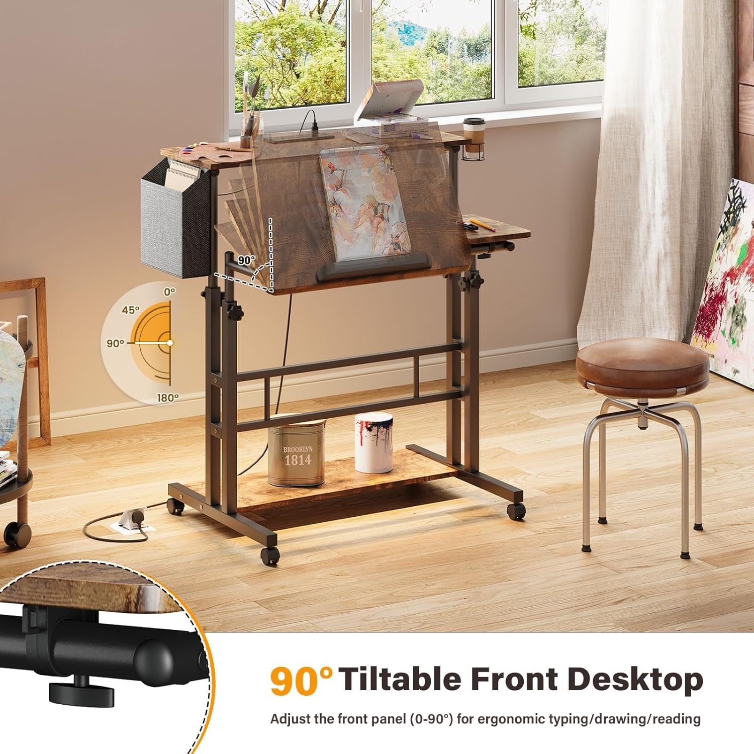 Height Adjustable Standing Desk with Power Outlets Rolling Stand Table