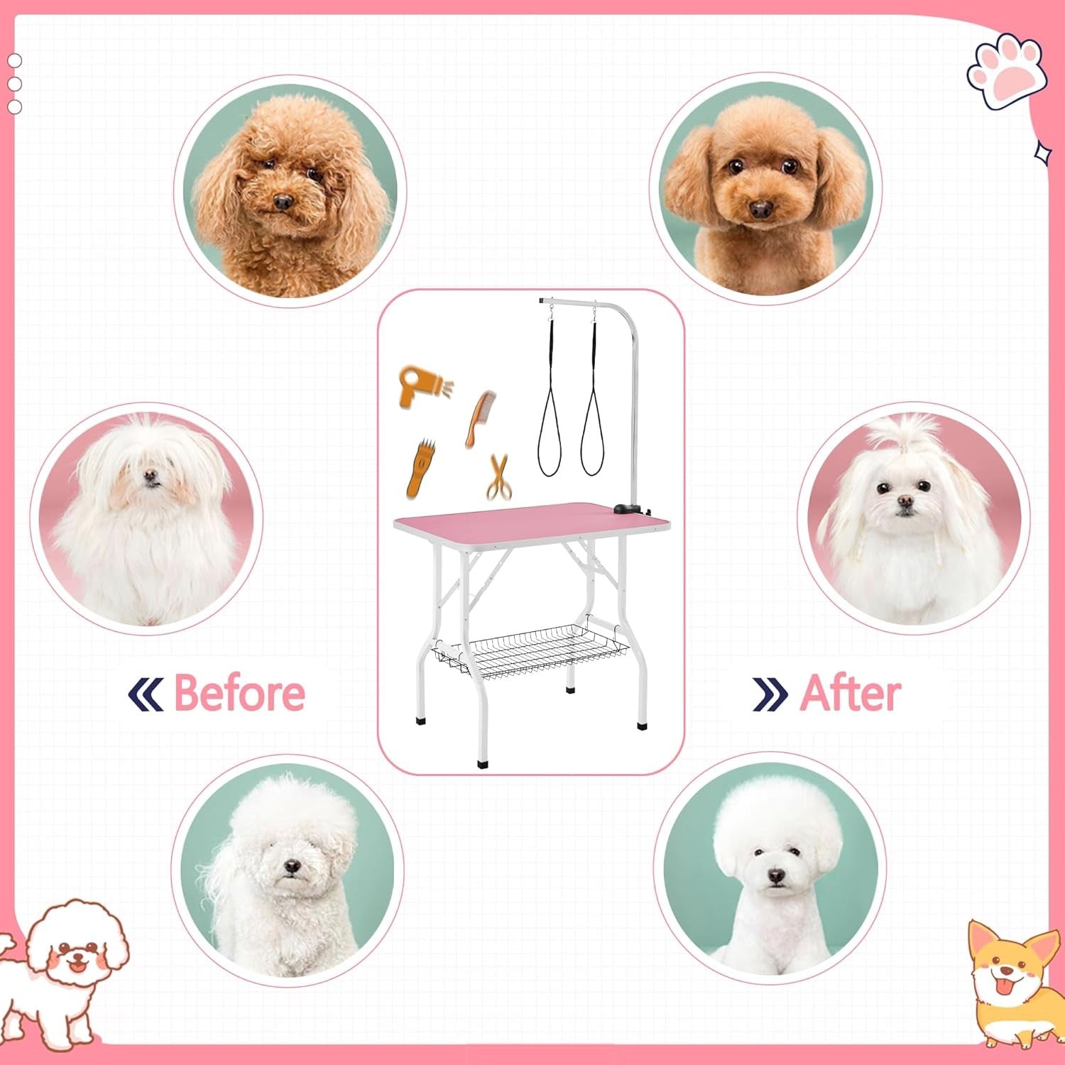 36" Dog Grooming Table Adjustable Height Non Slip Foldable w Arm Basket