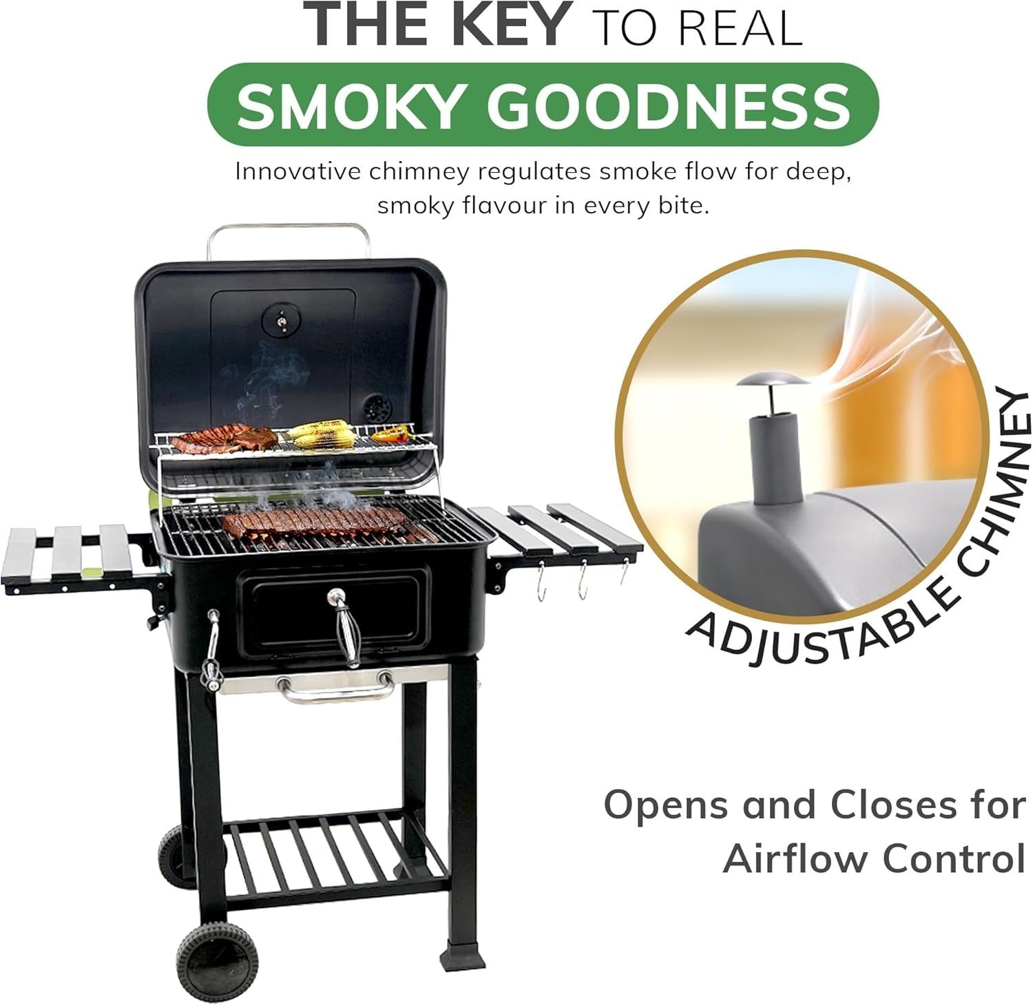 XL Charcoal BBQ Smoker Grill | Adjustable Chimney & Airflow | Dual Side Tables