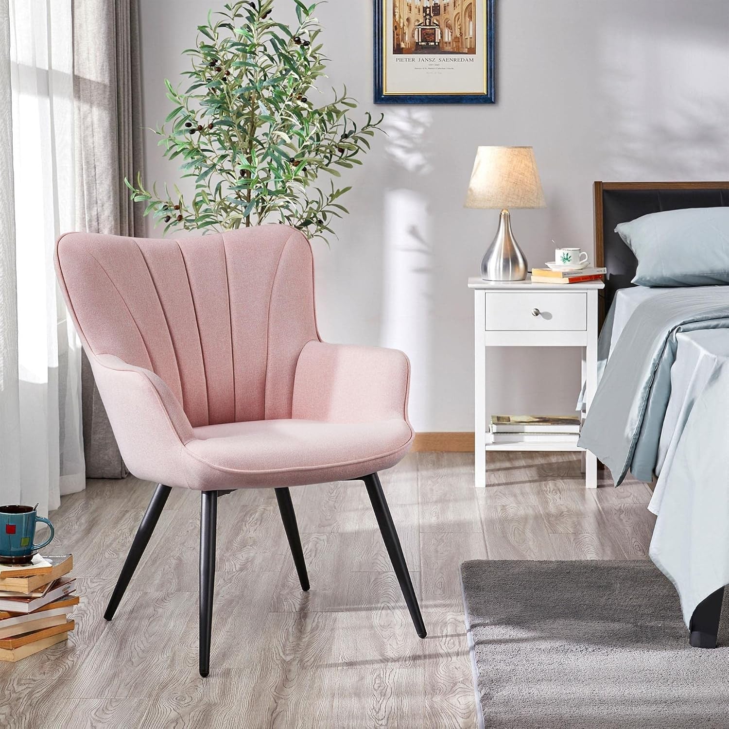 Pink Linen Tub Chair Curved High Back Accent Vanity Armchair