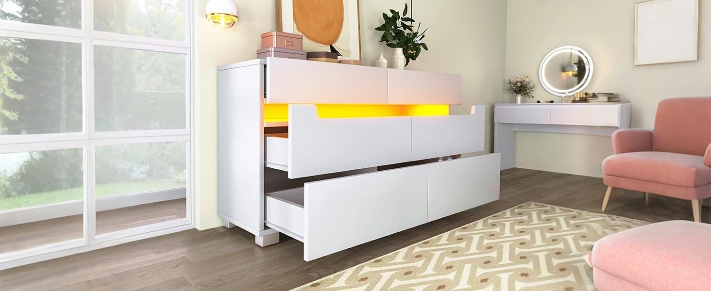 Modern White Sideboard Cabinet 6 Drawers RGB LED Storage Dresser Floor Mount
