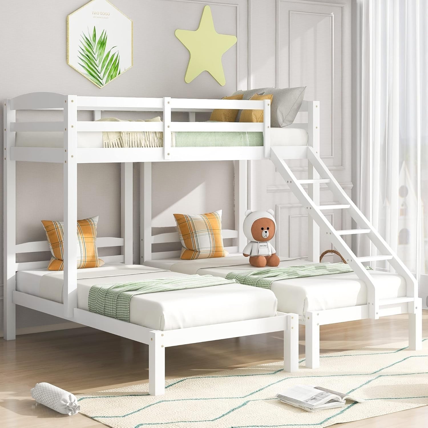 Triple Bunk Bed Wooden 3FT White Frame, Kids Safe Ladder, Sleeps 3