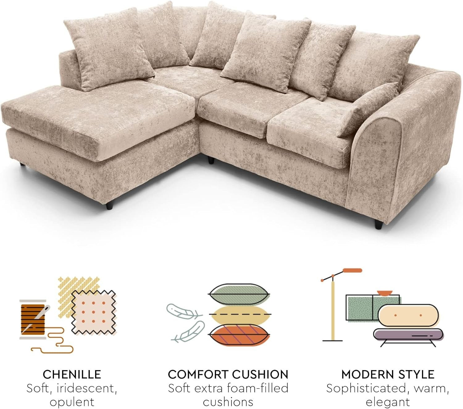 L Shaped Corner Sofa Cream Chenille – 5 Seater Couch w/ Cushions & Support