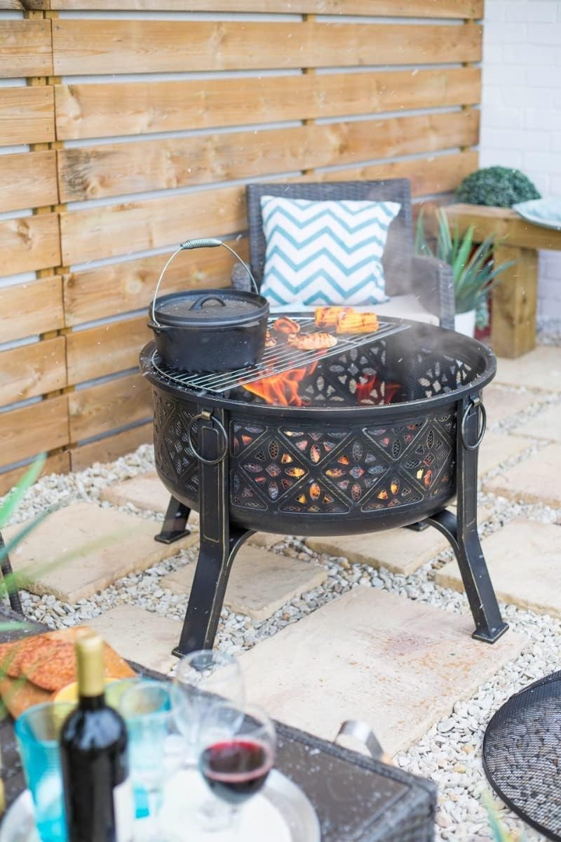 Large Deep Bowl Fire Pit with BBQ Grill | Outdoor Garden Heater | Steel Patio