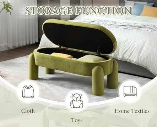 Velvet Upholstered Storage Bench Modern Bedroom Window Seat Green
