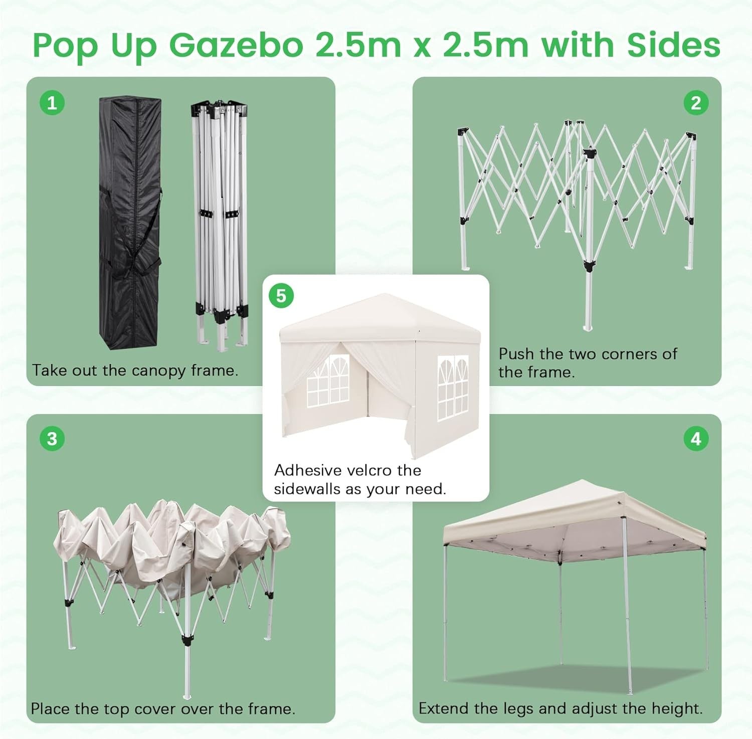 2.5x2.5M Pop Up Gazebo With Sides Windows Waterproof Garden Party Tent Khaki