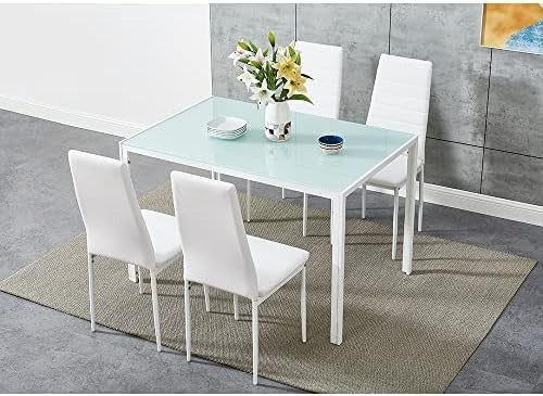 Rectangular Glass Dining Table Set 4 Chairs Modern White PU Leather 120x80x75cm