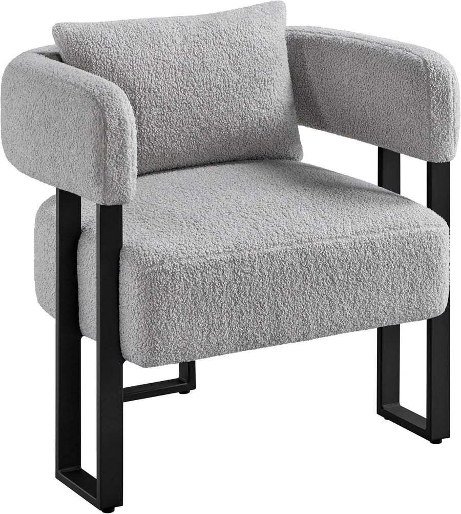 Boucle Tub Chair Accent Armchair with Pillow Metal Legs Grey
