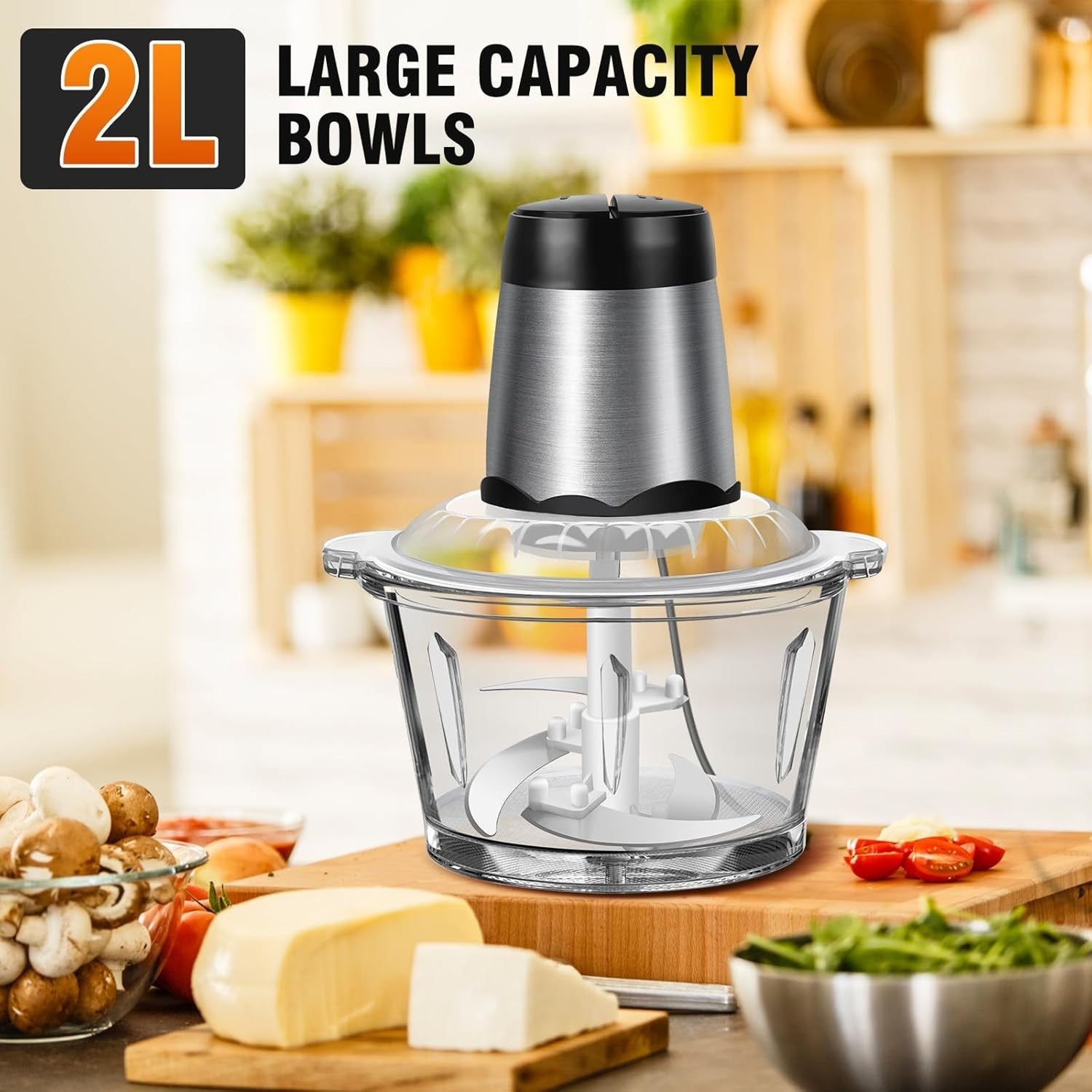 2L Electric Food Chopper Meat Grinder Glass Bowl 300W 2 Speed