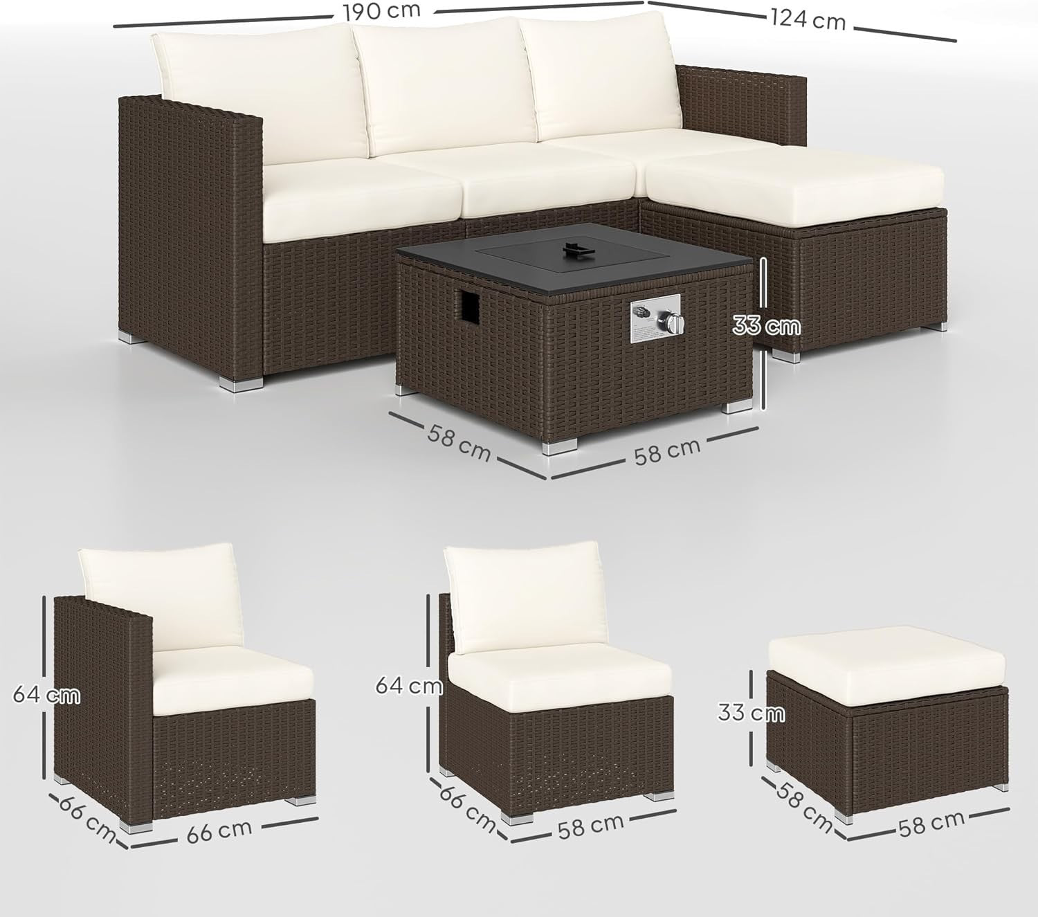 5-Piece Outdoor Rattan Sofa Set with Gas Fire Pit Table & Cushions