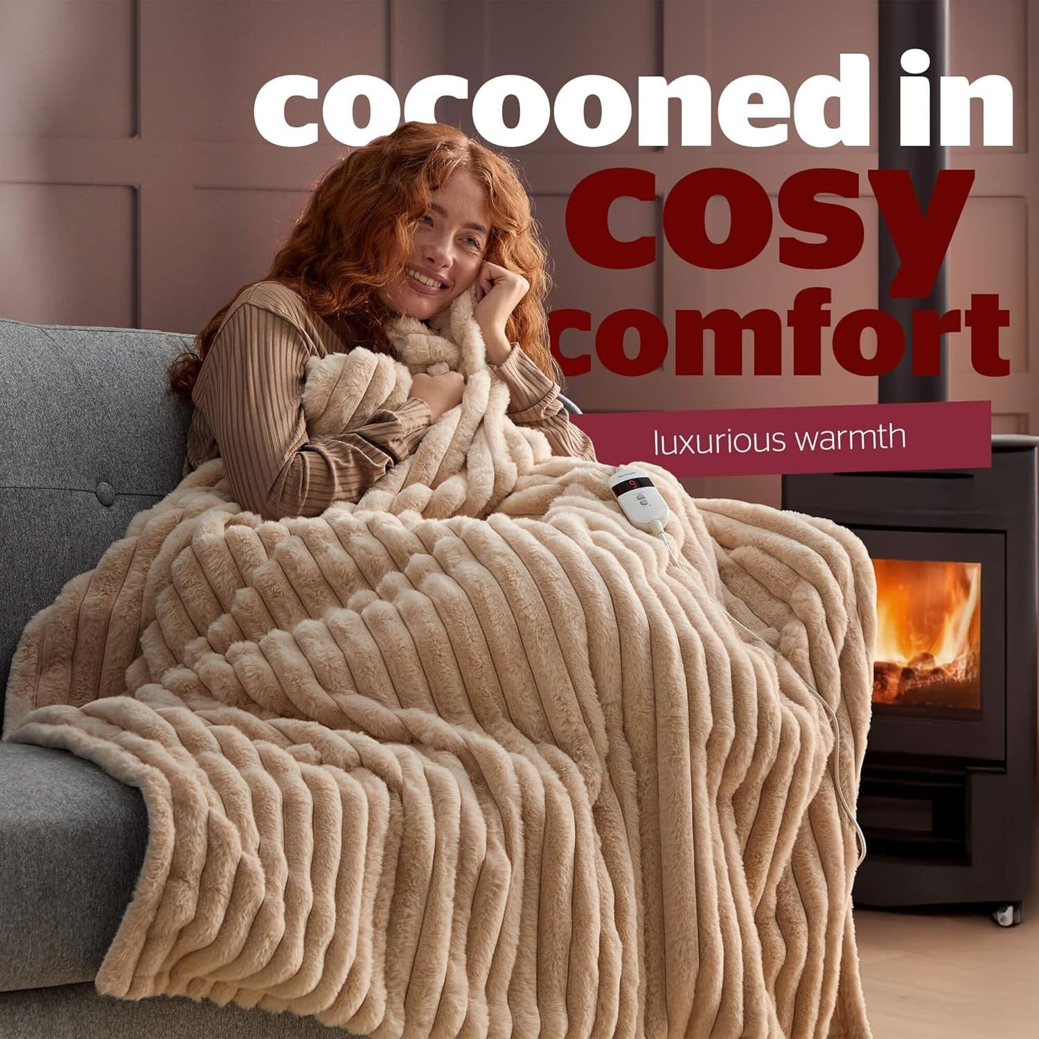 Electric Heated Throw Blanket 120x160cm Natural Faux Fur 9 Heat Timer