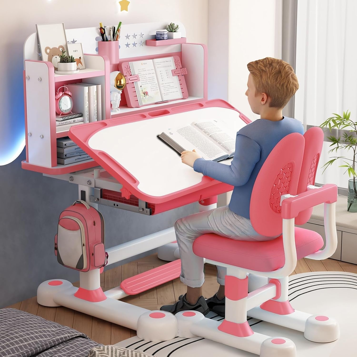 Adjustable Kids Desk & Chair Set with Tilt Top & Drawer – Pink Study Table
